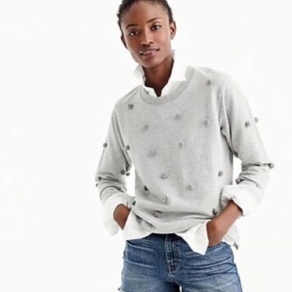J. Crew Tops - J. Crew EUC Gray Sweatshirt Top with Pom Poms Size S Crew Neck